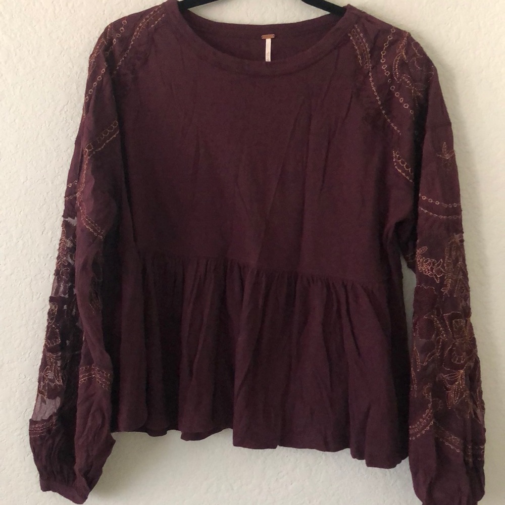 Free People Lace and Embroidered Sleeve Top